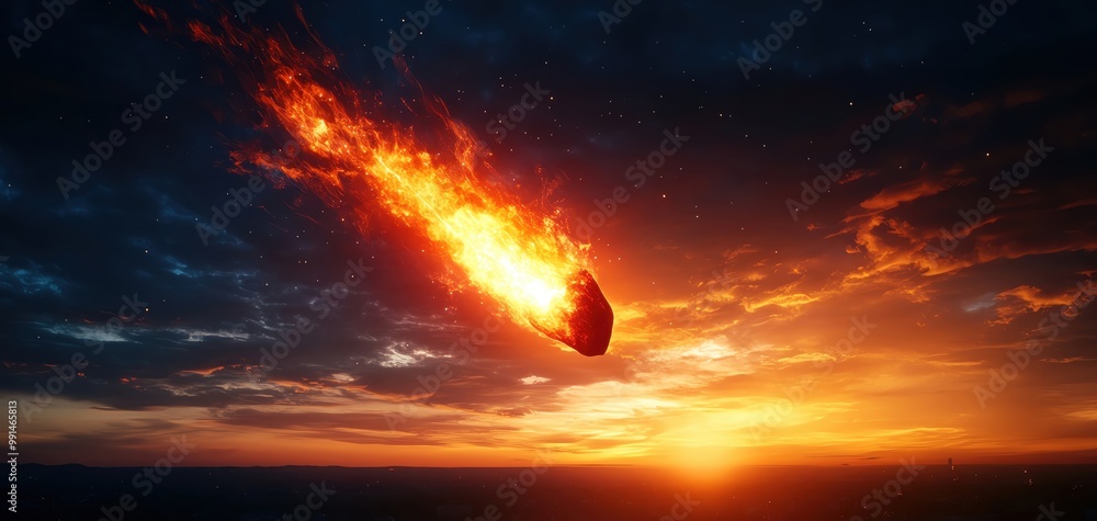 Fototapeta premium Burning meteor streaking across a twilight sky during sunset.