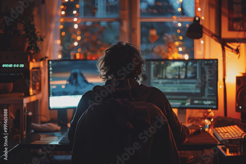 The hands of a video clip editor are editing video on a computer in the office.