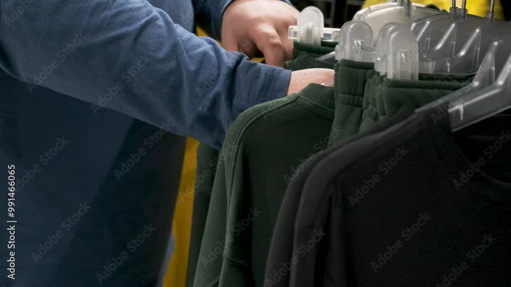 Man choose clothes on hangers in retail store. Male hand browsing clothing on sale, promotion and discount in store. Shopping and retail concept Man choose clothes on hangers in retail store. Male hand browsing clothing on sale, promotion and discount in store. Shopping and retail concept