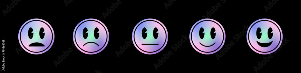 A set of holographic vector stickers featuring feedback icons representing emotions: excellent, good, normal, bad, and awful. Satisfaction rating emblems and labels are designed in a Y2K style. A set of holographic vector stickers featuring feedback icons representing emotions: excellent, good, normal, bad, and awful. Satisfaction rating emblems and labels are designed in a Y2K style.