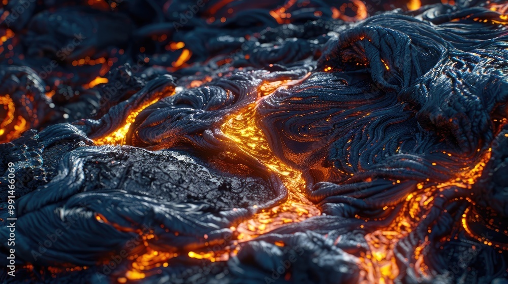 A detailed image of glowing lava flowing over dark rock, creating a stark contrast A detailed image of glowing lava flowing over dark rock, creating a stark contrast