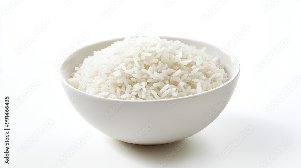 A white bowl filled with jasmine rice is shown against a white background. This image is perfect for creating designs or showcasing artwork with different perspectives. A white bowl filled with jasmine rice is shown against a white background. This image is perfect for creating designs or showcasing artwork with different perspectives.