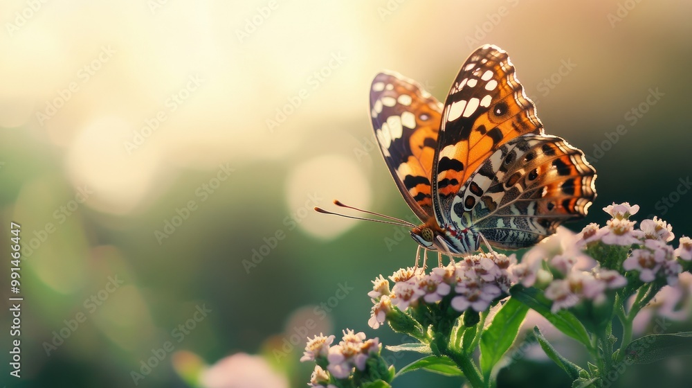 Butterfly with open wings on a flower, with a clear, soft-focus background for text. Butterfly with open wings on a flower, with a clear, soft-focus background for text.