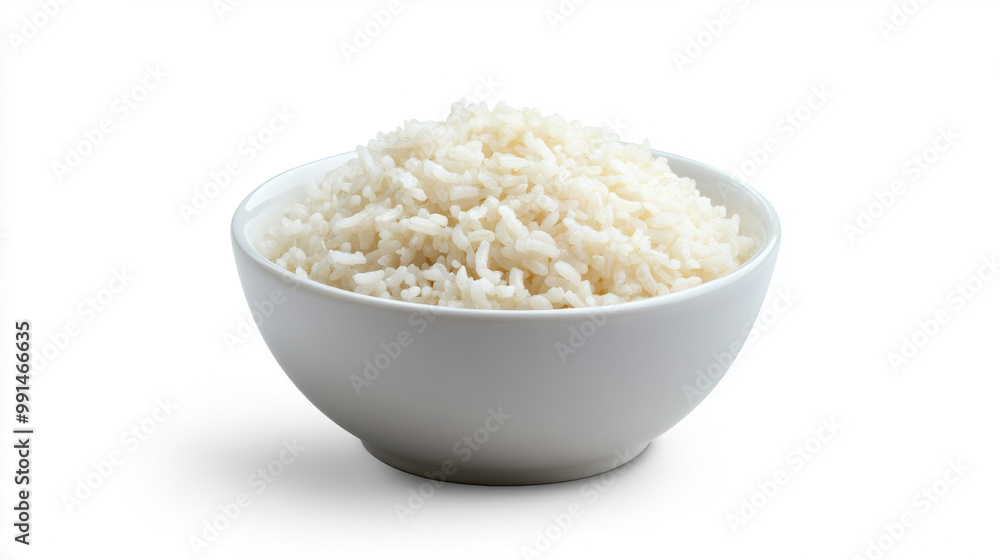 A white bowl filled with jasmine rice is shown against a white background. This image is perfect for creating designs or showcasing artwork with different perspectives. A white bowl filled with jasmine rice is shown against a white background. This image is perfect for creating designs or showcasing artwork with different perspectives.