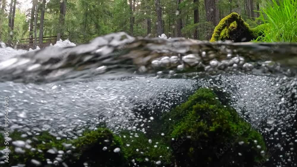 Split Stream Nature Clear mountain river running through forest. Abundant stream flowing ...