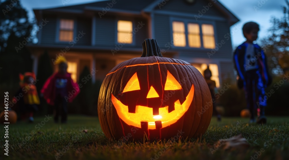 Glowing Halloween Pumpkin on Porch with Children in Costumes Walking Around Yard at Dusk Glowing Halloween Pumpkin on Porch with Children in Costumes Walking Around Yard at Dusk