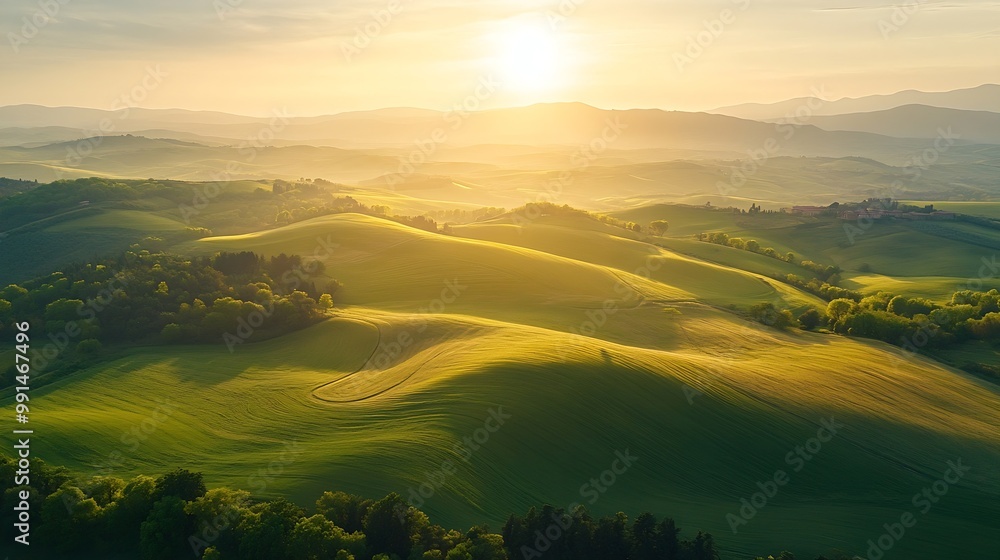 Naklejka premium Tuscany aerial landscape of farmland hill country at evening Italy Europe : Generative AI