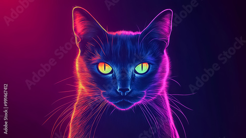 Black cat glowing in neon outlines flat design, front view, mystical theme, animation, Complementary color scheme