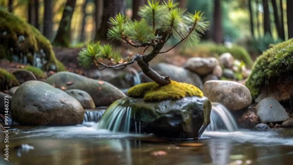 Water Flowing from Natural Waterfall Near Mountain Pine, Relaxing Meditation Scene Water Flowing from Natural Waterfall Near Mountain Pine, Relaxing Meditation Scene