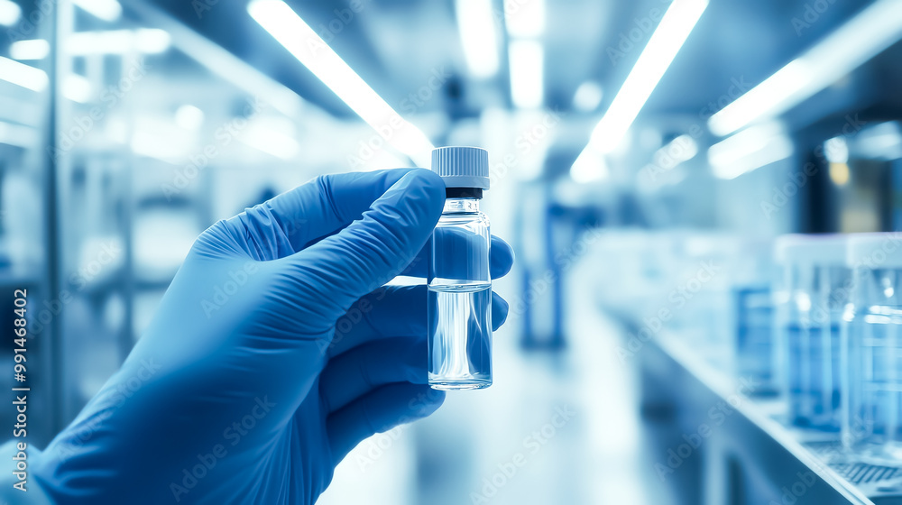 Lab technician holding a vial of bioengineered enzymes in a modern, hightech biotechnology facility Lab technician holding a vial of bioengineered enzymes in a modern, hightech biotechnology facility