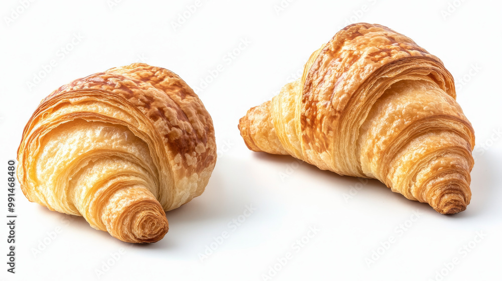 A close-up shot of a croissant on a white background. The croissant is shown whole, from the side, and from the front. A close-up shot of a croissant on a white background. The croissant is shown whole, from the side, and from the front.