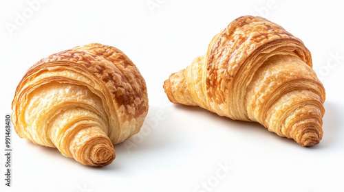 A close-up shot of a croissant on a white background. The croissant is shown whole, from the side, and from the front.