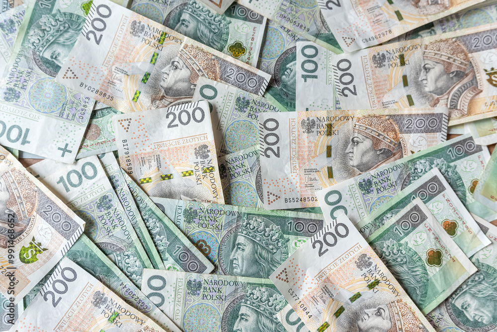 100 200 PLN zloty polish cash money banknotes background 100 200 PLN zloty polish cash money banknotes background