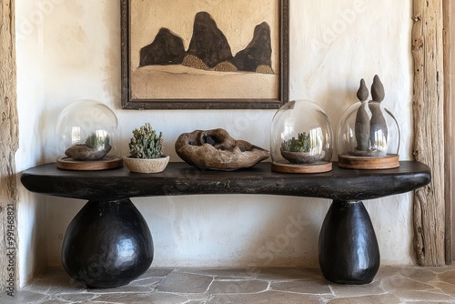 Rustic wooden table with pottery and natural decor in cozy home interior