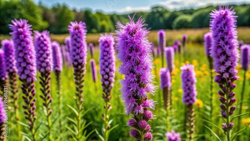 July, garden design, flora, flowerbed, native plant garden, wildflower, purple flowers, plant diversity, Prairie Blazing Star with purple flowers growing in a native plant garden in July photo