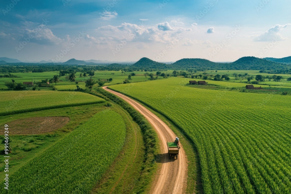 Aerial View of Indian Sugarcane Farm: Sunlit Fields, Bullock Carts, and Farmers in Action Amid Rolling Green Landscape Aerial View of Indian Sugarcane Farm: Sunlit Fields, Bullock Carts, and Farmers in Action Amid Rolling Green Landscape