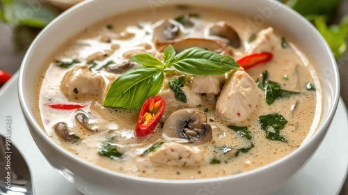 Close-up of a bowl of creamy Thai coconut soup with mushrooms and chicken, topped with fresh basil and chili slices on a white plate.