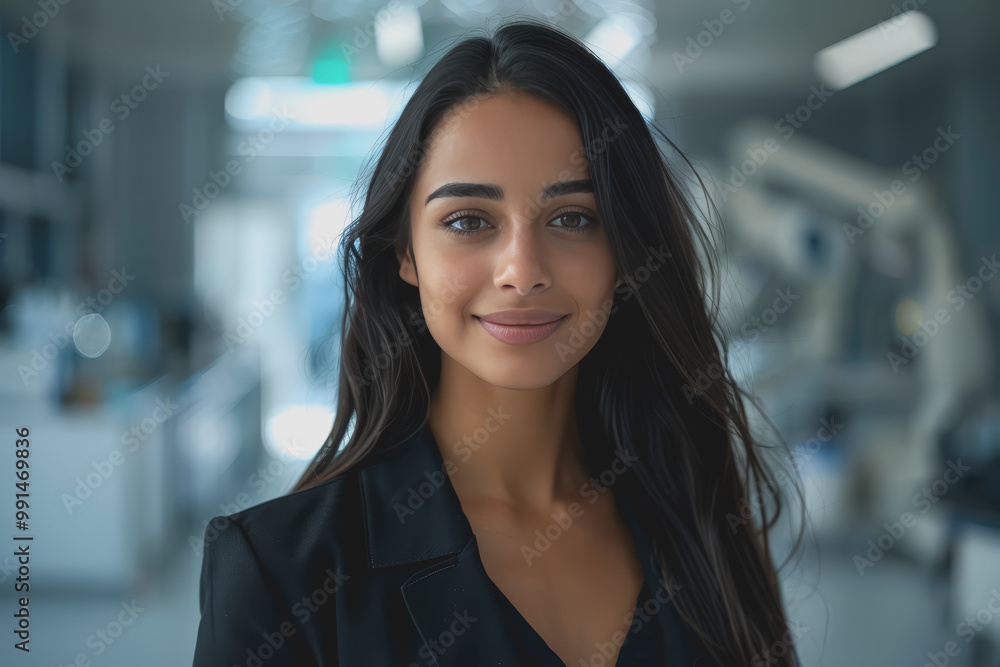 Close-up a young South Asian woman in black suit smiles warmly, happy at work. Close-up a young South Asian woman in black suit smiles warmly, happy at work.