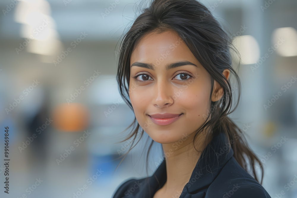 Close-up a young South Asian woman in black suit smiles warmly, happy at work. Close-up a young South Asian woman in black suit smiles warmly, happy at work.