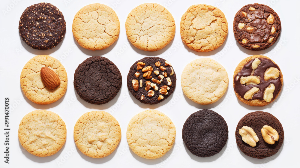 A collection of round cookies, including classic and nut varieties, are arranged on a white background. The cookies come in various designs, perfect for creating artwork mockups. A collection of round cookies, including classic and nut varieties, are arranged on a white background. The cookies come in various designs, perfect for creating artwork mockups.