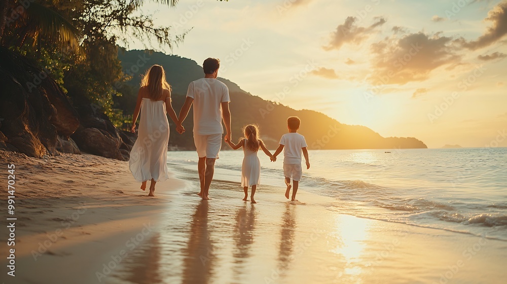 Obraz premium A elegant family in white summer clothing walks hand in hand down a tropical paradise beach during sunset tme and enjoys their vacation time : Generative AI