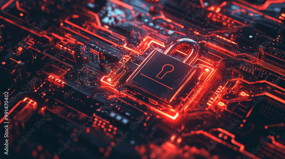 A 3D image shows a lock symbol on a computer circuit board, representing the idea of digital security. A 3D image shows a lock symbol on a computer circuit board, representing the idea of digital security.