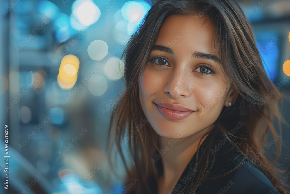 Obraz premium Close-up a young South Asian woman in black suit smiles warmly, happy at work.