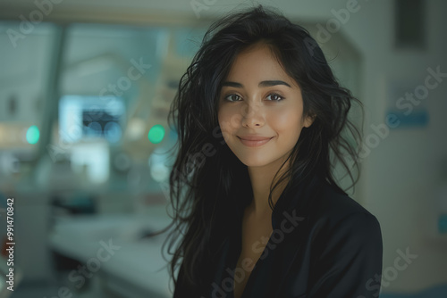 Close-up a young South Asian woman in black suit smiles warmly, happy at work. Free Download Close-up a young South Asian woman in black suit smiles warmly, happy at work. - GFXLoad