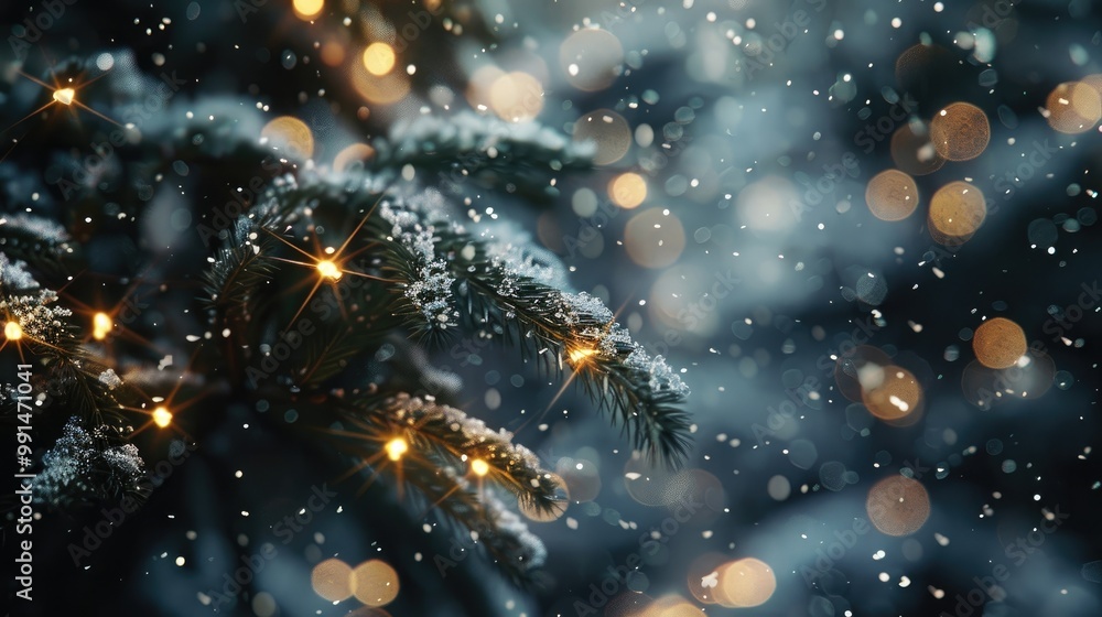 Snow-covered pine branches with lights, Snow-covered pine branches with lights,