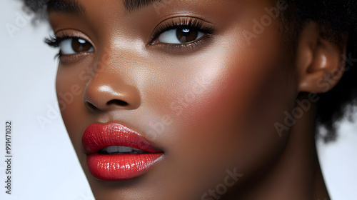 Close up view of beautiful black skin woman lips. Fashion make up, beauty injections concept, cosmetology