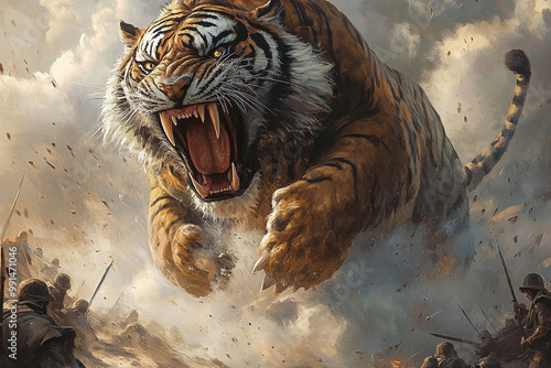 Epic Roaring Tiger Battle Artwork in Surreal Fantasy Landscape