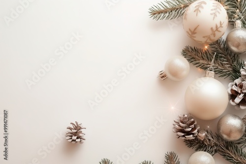 Christmas ornaments and pine branches on beige background. Festive winter holiday decoration
