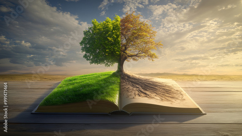 A book is open, showing two different worlds. On one side, a lush green field with a healthy tree. On the other, a dry desert with a dead tree. This shows how change can happen, transforming things. photo