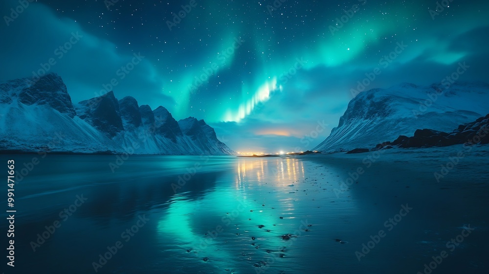 Northern Lights over the sea snowy mountains at starry winter night ...