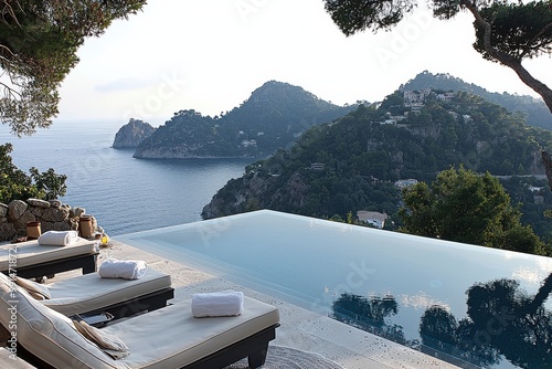 Scenic infinity pool overlooking a coastline with mountains in the background
