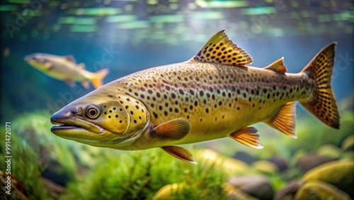 A low angle shot of a beautiful Brown trout Salmo trutta fario swimming gracefully in an aquarium, vibrant colors, wildlife, swimming, aquarium, graceful, underwater, species, beautiful