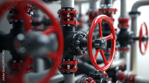 A close-up image shows industrial pipes and valves, with red wheels set against a white background. This is a 3D design.