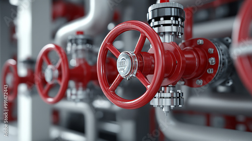 A close-up image shows industrial pipes and valves, with red wheels set against a white background. This is a 3D design.