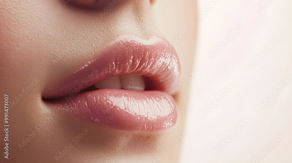 Fototapeta premium Close up view of beautiful woman lips. Fashion make up, beauty injections concept, cosmetology