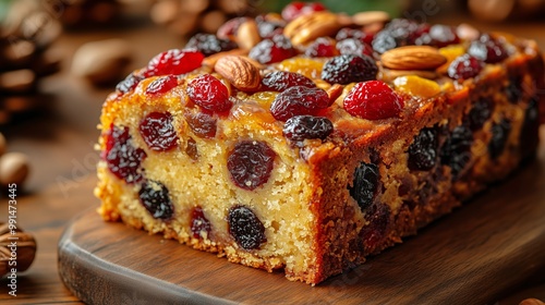 Close-up of a holiday fruitcake with dried fruits and nuts