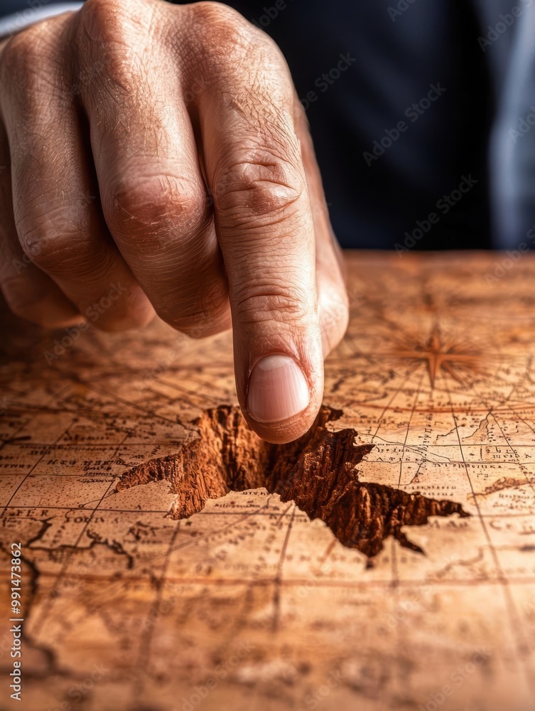 Hand pointing at a carved wooden map highlighting a specific location. Hand pointing at a carved wooden map highlighting a specific location.