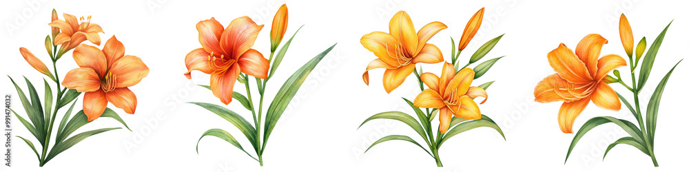 Fototapeta premium Vibrant daylily flowers in orange hues, isolated on transparent background
