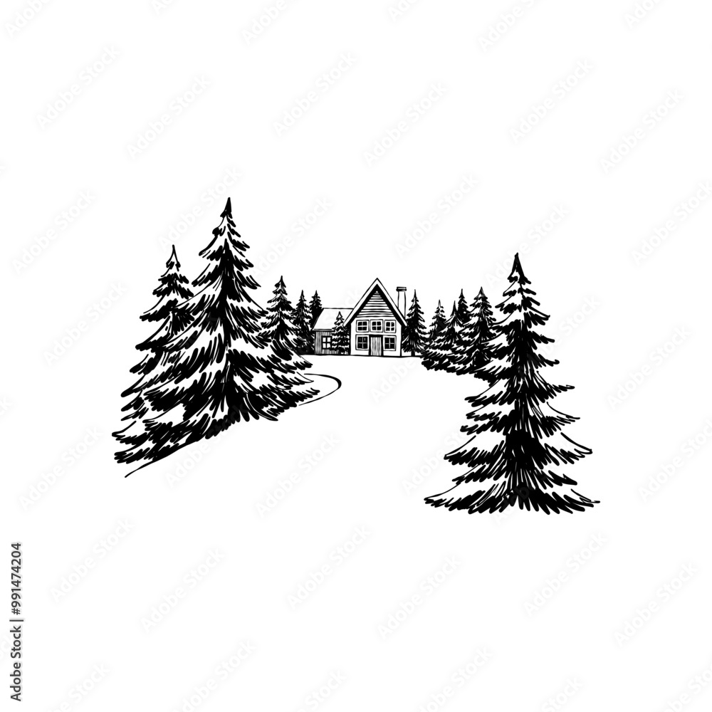 Fototapeta premium Merry Christmas and Happy New Year illustration, for greeting cards, posters, holiday covers. Xmas festive linocut black hand drawn.