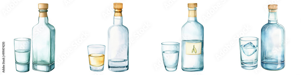 Vodka bottles with glasses on a table, isolated on transparent background Vodka bottles with glasses on a table, isolated on transparent background