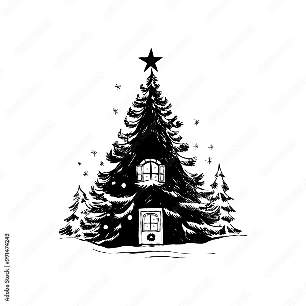 Merry Christmas and Happy New Year illustration, for greeting cards, posters, holiday covers. Xmas festive linocut black hand drawn. Merry Christmas and Happy New Year illustration, for greeting cards, posters, holiday covers. Xmas festive linocut black hand drawn.