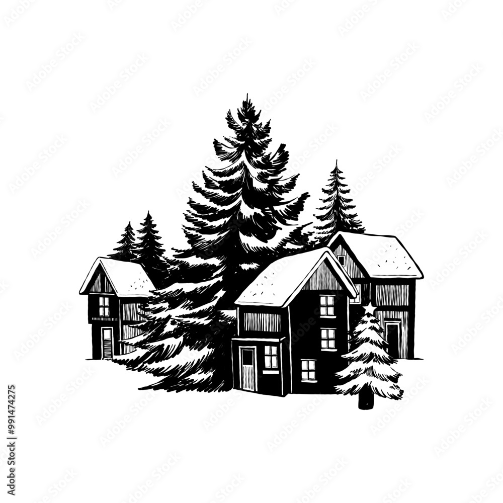 Fototapeta premium Merry Christmas and Happy New Year illustration, for greeting cards, posters, holiday covers. Xmas festive linocut black hand drawn.
