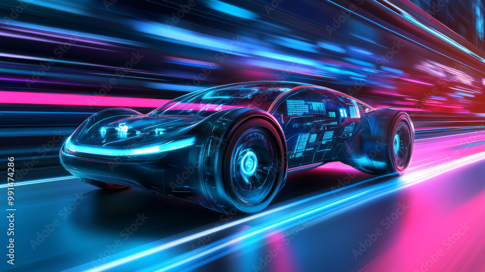 A futuristic self-driving car with touch sensors and motion detectors for safe driving. The illustration shows a holographic image of the car. A futuristic self-driving car with touch sensors and motion detectors for safe driving. The illustration shows a holographic image of the car.