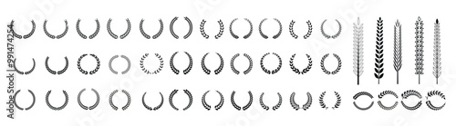  laurels frames branches. Hand drawn vector laurel leaves, Black circular laurel olive branches greek wreath vector illustration,