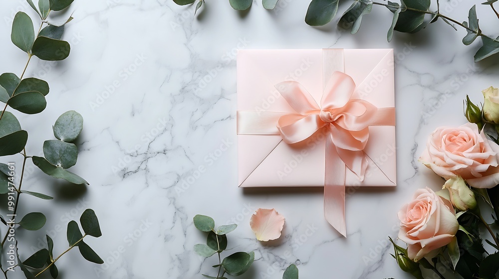 Wedding invitation mockup card with paper and envelope roses gifts Eucalyptus ribbon on marble background top view flat lay : Generative AI Wedding invitation mockup card with paper and envelope roses gifts Eucalyptus ribbon on marble background top view flat lay : Generative AI