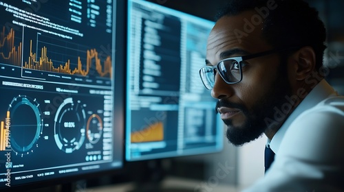 An analyst uses a computer and dashboard for data business analysis and Data Management System with KPI and metrics connected to the database for technology finance operations sales ma : Generative AI